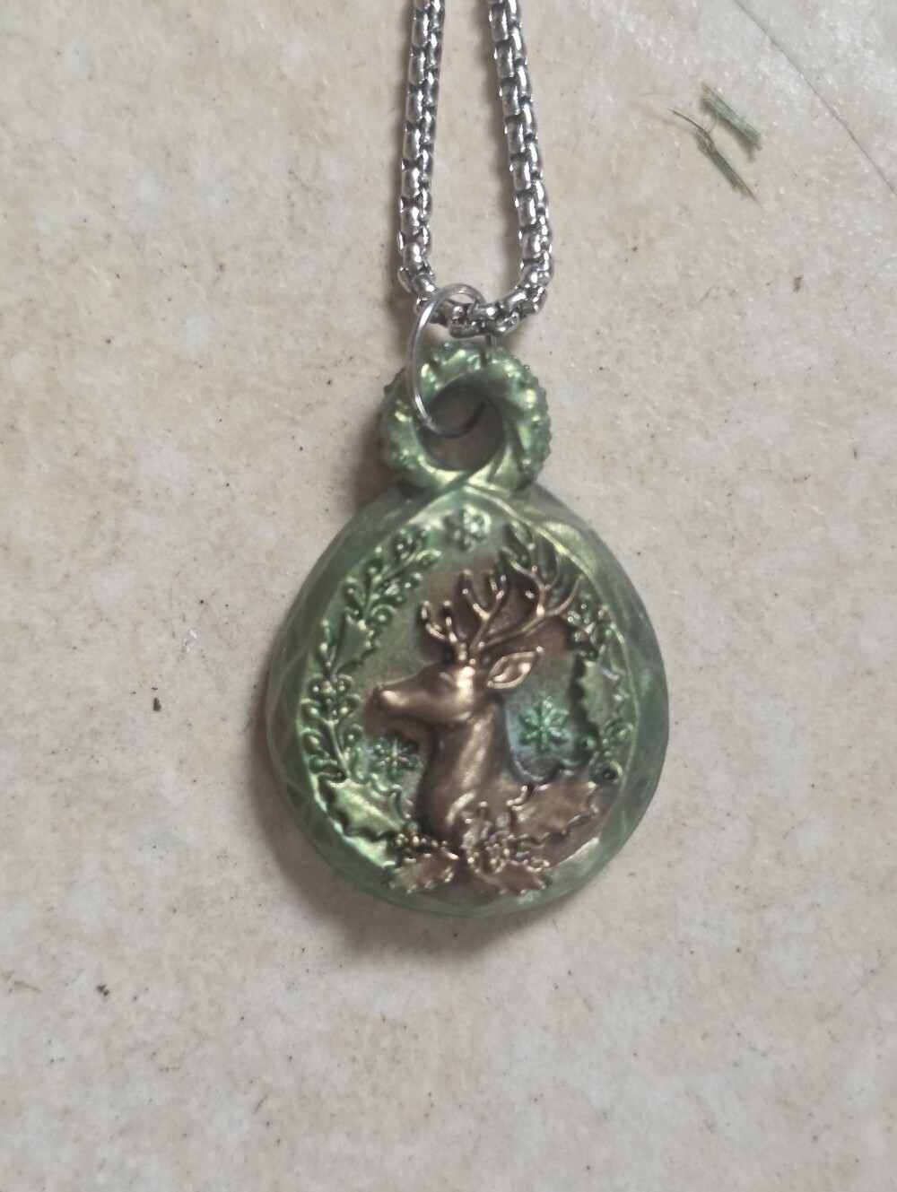 Deer In Green Forest Resin Pendant On Silver Tone Stainless Steel Chain Necklace
